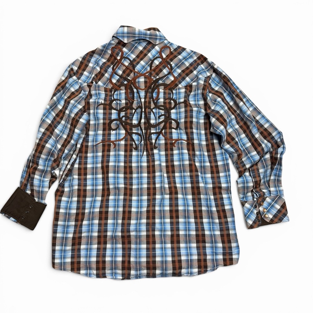 Panhandle Slim Large Shirt Western Texas Plaid Blue Brown Pearl Snaps 90 Proof - Picture 11 of 13